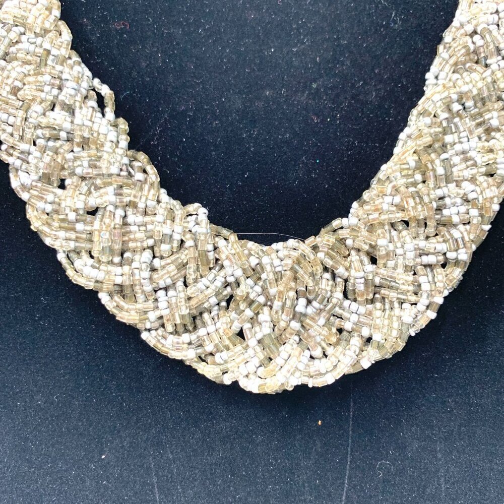 Braided Rope Style Seed Bead Necklace Silver Grey Ivory Lobster Clasp 24"L - Picture 3 of 5